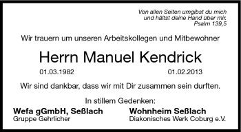 Traueranzeige von Manuel Kendrick von Neue Presse Coburg