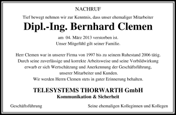 Traueranzeige von Bernhard Clemen von Südthüringer Presse