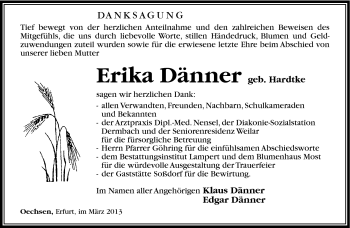 Traueranzeige von Erika Dänner von Südthüringer Presse