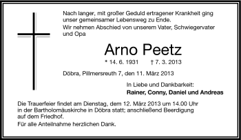 Traueranzeige von Arno Peetz von Frankenpost