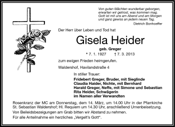 Traueranzeige von Gisela Heider von Frankenpost