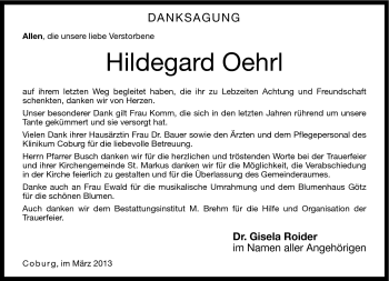 Traueranzeige von Hildegard Oehrl von Neue Presse Coburg