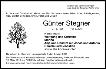 Traueranzeige von Günter Stegner von Neue Presse Coburg