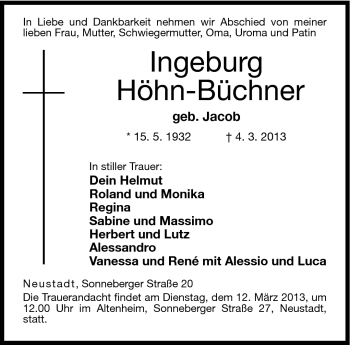 Traueranzeige von Ingeburg Höhn-Büchner von Neue Presse Coburg