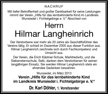 Traueranzeige von Hilmar Langheinrich von Frankenpost