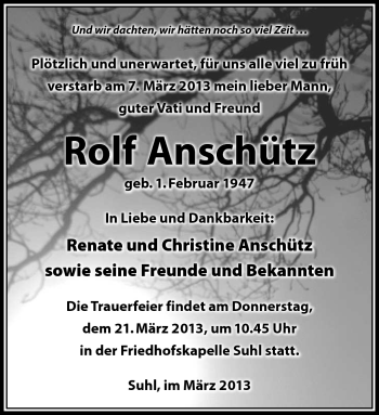 Traueranzeige von Rolf Anschütz von Südthüringer Presse