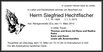 Traueranzeige von Siegfried Hechtfischer von Frankenpost