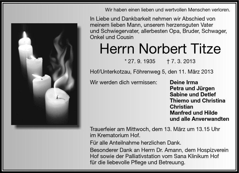  Traueranzeige für Norbert Titze vom 11.03.2013 aus Frankenpost