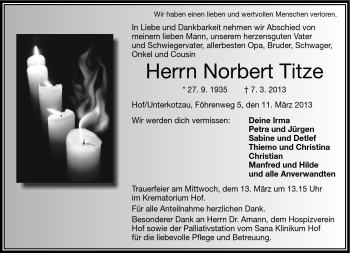 Traueranzeige von Norbert Titze von Frankenpost