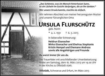Traueranzeige von Ursula Flurschütz von Südthüringer Presse