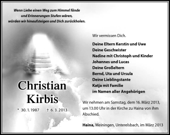 Traueranzeige von Christian Kirbis von Südthüringer Presse