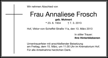 Traueranzeige von Annaliese Frosch von Frankenpost
