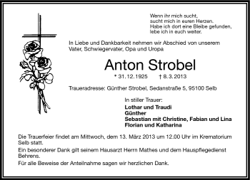 Traueranzeige von Anton Strobel von Frankenpost