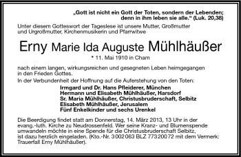 Traueranzeige von Erny Marie Ida Auguste Mühlhäußer von Frankenpost