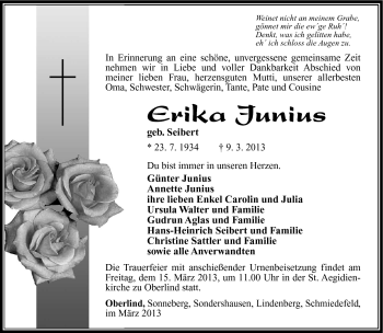 Traueranzeige von Erika Junius von Südthüringer Presse