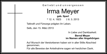 Traueranzeige von Irma Meyer von Frankenpost