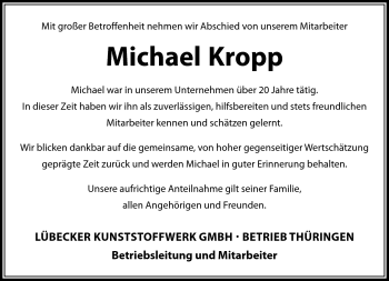 Traueranzeige von Michael Kropp von Südthüringer Presse