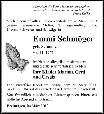 Traueranzeige von Emmi Schmöger von Südthüringer Presse