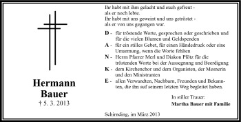 Traueranzeige von Hermann Bauer von Frankenpost