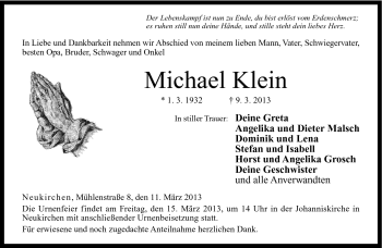 Traueranzeige von Michael Klein von Neue Presse Coburg