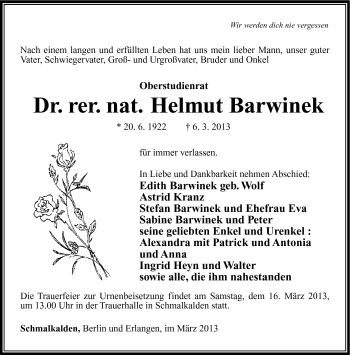 Traueranzeige von Helmut Barwinek von Südthüringer Presse