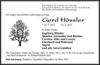 Traueranzeige von Gerd Hössler von Südthüringer Presse