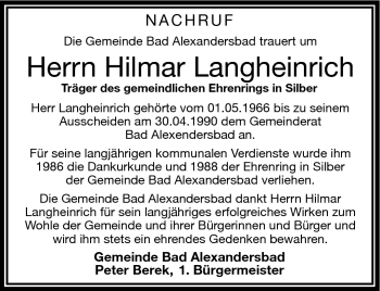Traueranzeige von Hilmar Langheinrich von Frankenpost