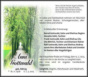 Traueranzeige von Anni Gottwald von Südthüringer Presse