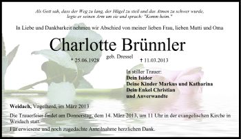 Traueranzeige von Charlotte Brünnler von Neue Presse Coburg