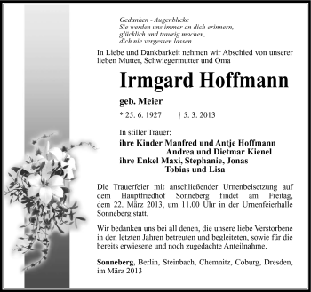 Traueranzeige von Irmgard Hoffmann von Südthüringer Presse