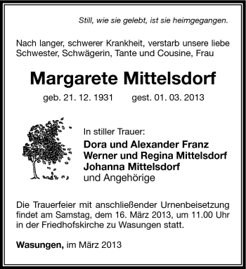 Traueranzeige von Margarete Mittelsdorf von Südthüringer Presse