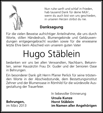 Traueranzeige von Hugo Stäblein von Südthüringer Presse