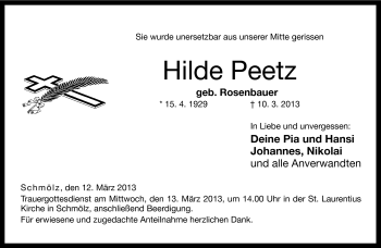 Traueranzeige von Hilde Peetz von Neue Presse Coburg