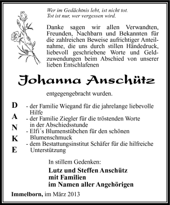 Traueranzeige von Johanna Anschütz von Südthüringer Presse