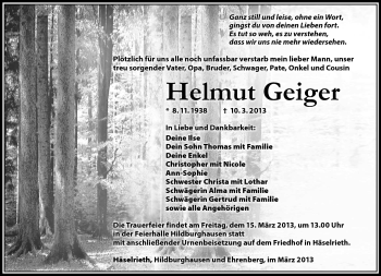 Traueranzeige von Helmut Geiger von Südthüringer Presse