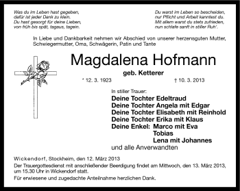 Traueranzeige von Magdalena Hofmann von Neue Presse Coburg