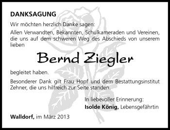 Traueranzeige von Bernd Ziegler von Südthüringer Presse