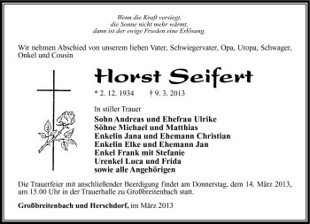 Traueranzeige von Horst Seifert von Südthüringer Presse