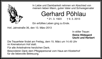 Traueranzeige von Gerhard Pöhlau von Frankenpost