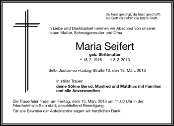 Traueranzeige von Maria Seifert von Frankenpost