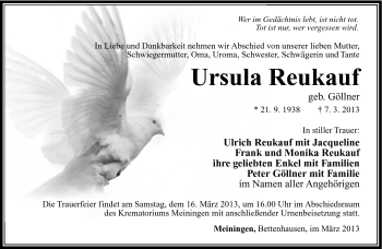 Traueranzeige von Ursula Reukauf von Südthüringer Presse
