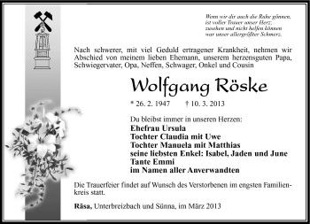 Traueranzeige von Wolfgang Röske von Südthüringer Presse