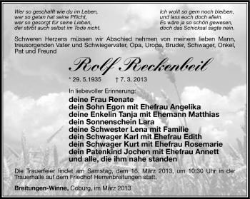 Traueranzeige von Rolf Reckenbeil von Südthüringer Presse