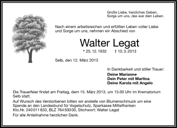 Traueranzeige von Walter Legat von Frankenpost