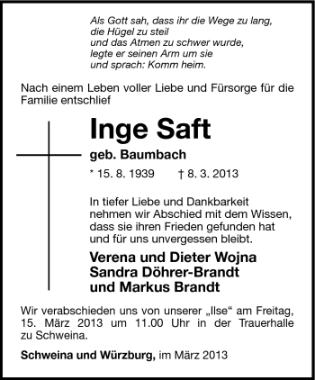 Traueranzeige von Inge Saft von Südthüringer Presse