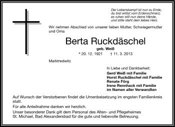 Traueranzeige von Berta Ruckdäschel von Frankenpost