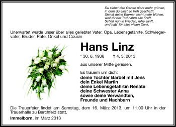 Traueranzeige von Hans Linz von Südthüringer Presse