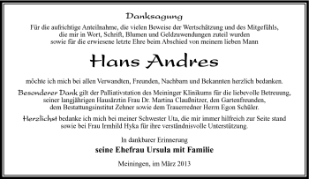 Traueranzeige von Hans Andres von Südthüringer Presse