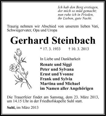 Traueranzeige von Gerhard Steinbach von Südthüringer Presse