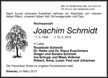 Traueranzeige von Joachim Schmidt von Südthüringer Presse
